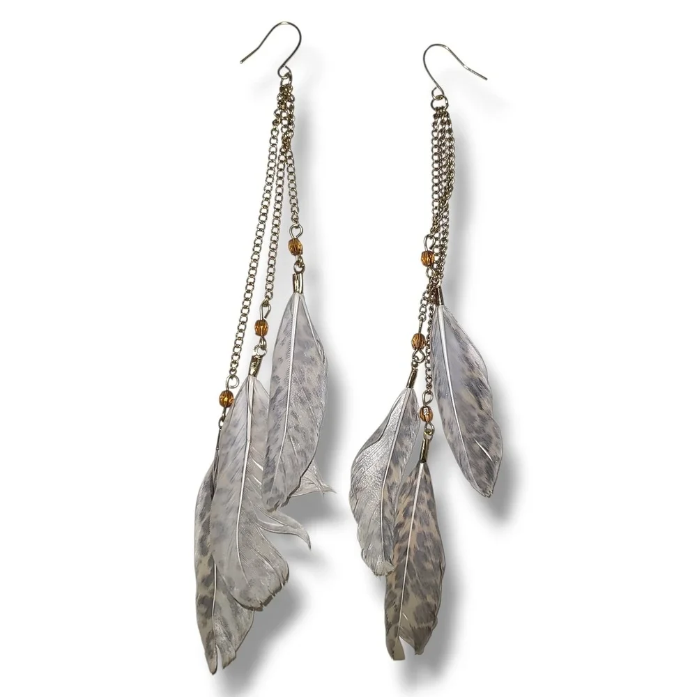 Boho Feather Shoulder Duster Dangle Earrings Gold Tone 6